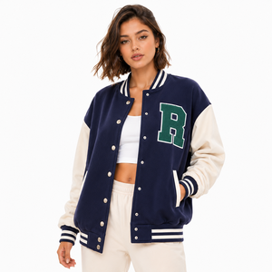 Veste universitaire personnalisée grande taille pour femme, corps en laine, manches en simili cuir, logo brodé, manteau décontracté d'hiver style Letterman - Product Image 3