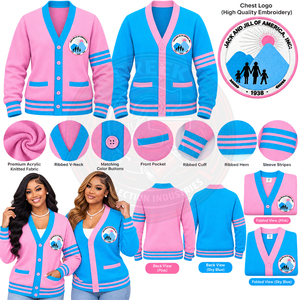 เสื้อคาร์ดิแกนมหาวิทยาลัยแบบกำหนดเอง แจ็คแอนด์จิล สีฟ้าอ่อน เสื้อสเวตเตอร์ถักพรีเมียมสำหรับผู้หญิง ปักตราสัญลักษณ์ กระดุมมุก ทรงคลาสสิก - Product Image 6