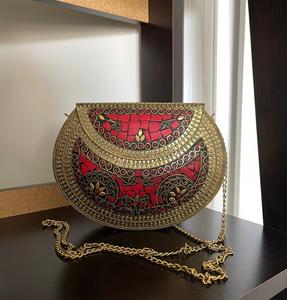 Bolso de metal estilo antiguo, bolso de mano con mosaico, bolso de metal con cadena de piedras multicolor colgante - Product Image 1