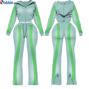 Conjunto Deportivo Personalizado para Mujer, Sudadera con Cierre y Franja Lateral en Contraste, Pantalones Deportivos Acampanados, 2 Piezas, Ropa Deportiva, Estilo Urbano - Product Image 3