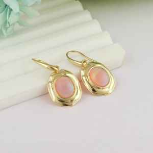 Boucles d'oreilles pendantes en opale de feu synthétique, argent sterling 925 plaqué or 14 carats, pierre ovale, bijoux faits à la main pour femmes - Product Image 1