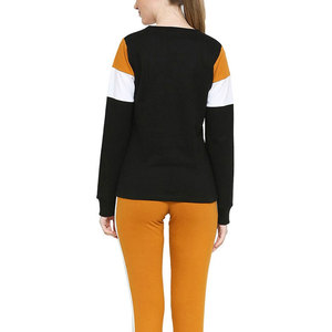 Sweat-shirt femme noir à blocs de couleur, manches orange et blanches, col rond, manches trois quarts, tricoté, décontracté, hiver, logo frontal - Product Image 2