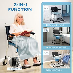 Chaise de douche roulante noire 300 lb, chaise de toilette de chevet, fauteuil roulant avec dossier et siège rembourrés, revêtement poudré pour personnes âgées et handicapées - Product Image 4