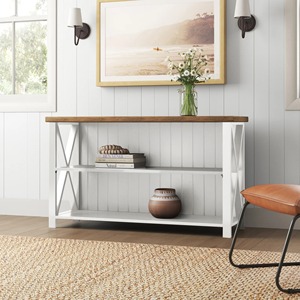 Table de canapé bicolore en bois avec dossier à lattes et étagères de rangement, meuble d'entrée style Cottage côtier - Product Image 6