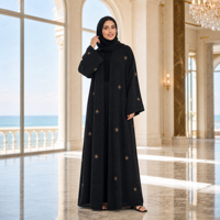 Abaya noire tricotée sur mesure ODM pour femme, broderie étoile dorée, devant ouvert, manches longues, robe kaftan musulmane, tenue modeste du Moyen-Orient, OEM