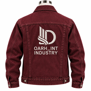 Veste en jean bordeaux pour homme OARH_INT INDUSTRY, coupe classique, fermeture éclair, broderie, couleur unie, style décontracté, pour l'automne - Product Image 2