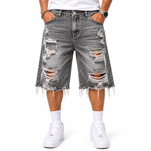 Shorts en jean longs pour hommes, déchirés et effilochés, coupe ample, design personnalisé, reproduction d'usine de vêtements - Product Image 1