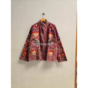 Blazer de Terciopelo con Bordado Floral a Mano para Mujer, Cuello Mao, Manga Larga, Estilo Otoñal - Product Image 2