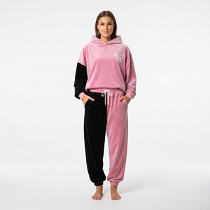 Ensemble sweat à capuche et pantalon en velours pour femme, color block rose et noir, manches longues, poignets côtelés, coupe ample, tenue décontractée - Product Image 1