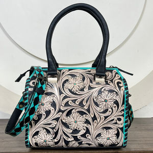 กระเป๋าดัฟเฟิลกระเป๋าเดินทางแบบเร็วทำจากหนังแท้พร้อมลายหัวใจสีเทอร์ควอยซ์กระเป๋าถือหนังวัวลายดอกไม้สไตล์ตะวันตกสำหรับผู้หญิง - Product Image 5