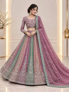 Women's Purple <b>Green</b> <b>Silk</b> Lehenga Choli Set with Embroidered Dupatta - Product Image 2