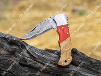 Couteau pliant utilitaire artisanal Sanmai en cuivre damas, haute qualité, survie, bricolage, manche en bois d'olivier et résine, personnalisable OEM/ODM 3