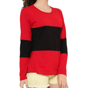 T-shirt à manches longues pour femme, col rond, tricoté, décontracté, coupe ample, anti-plis, 100% coton, color block rouge et noir, avec logo - Product Image 5