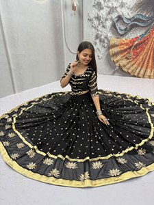 Black Embroidered Floor-Length Quick Dry <b>Lehenga</b> Set <b>Women</b> Indian Pakistani Outfit Floral Border Net Dupatta Wedding Party Dress - Product Image 3