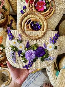 Artisanal Floral Embroidery Beach Handbag and <b>Hat</b> Collection Made in Vietnam. - Product Image 4