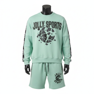 Conjunto de Sudadera y Pantalones Cortos de Felpa de Algodón y Poliéster para Hombre, con Paneles de Cinta en Contraste y Logotipo Estampado - Product Image 1