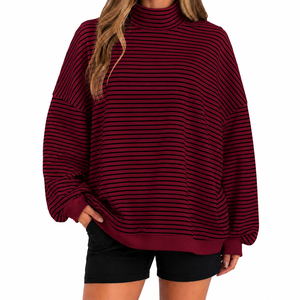 Fashion <b>Women</b> Casual Striped Oversized Mockneck Sweatshirt Drop Shoulder <b>Top</b> Streetwear Style OEM Service - Product Image 1