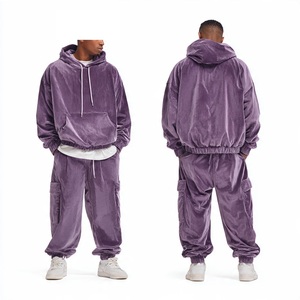 Ensemble de survêtement pour homme en velours côtelé violet à capuche, manches longues, couleur unie, coupe ample, décontracté, pour l'automne - Product Image 1