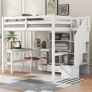 Cama alta blanca de tamaño completo con escritorio en forma de L, cajones, armario de almacenamiento y escalera de madera - Product Image 1