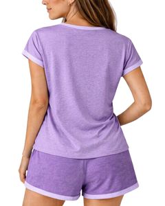Conjunto de Salón para Mujer Lavender, Morado con Ribete en Contraste, Manga Corta, Informal, de Verano, Dos Piezas, Suave y Transpirable, Mezcla de Algodón - Product Image 2