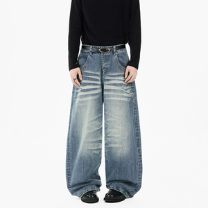 Jeans de mezclilla para hombre, de corte recto, lavado a la piedra, tiro medio, ajuste holgado, transpirables, lisos, con bordado ODM y patchwork, estilo streetwear, de algodón - Product Image 4