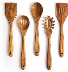 Ensemble d'ustensiles de cuisine en teck à 6 pièces à fixer au mur avec support de suspension en métal, organisateur professionnel pour spatules et louches - Product Image 1