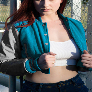 <b>Womens</b> Varsity Crop <b>Jacket</b> <b>Light</b> Blue Grey Letterman Style Bomber Coat Faux Leather Sleeves Casual Outerwear Ladies Fashion - Product Image 2