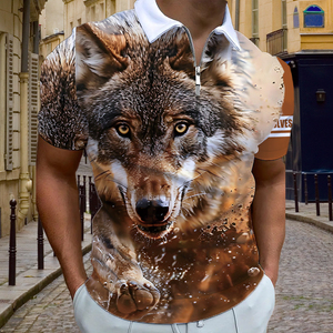 Polo para Hombre con Estampado de Lobo Marrón Tierra |   Camiseta con Cierre de Cremallera de un Cuarto, Sublimación Digital 3D |   Ropa Casual con Motivos de Animales Salvajes - Product Image 5