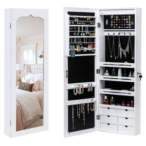 Armadietto a Muro Bianco a 4 Ripiani con 6 Cassetti, 8 Luci LED Blu, Specchio Non Intero, in Legno, per Organizzare e Conservare Gioielli - Product Image 1