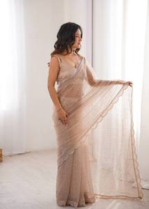 TENNECY Sari traditionnel pour femme, en tissu résille lourd et doux, brodé de fils et de sequins, réversible, extensible, longueur ras du sol, pour mariage et Diwali - Product Image 4
