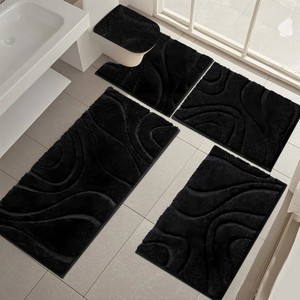 Modern Abstract Pattern Chenille Bath <b>Mat</b> <b>Set</b> 4 Piece Rectangle Non-Slip Rubber Backing Thick Tufted Black for Home <b>Bathroom</b> Use - Product Image 1
