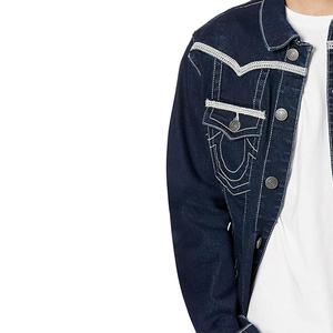 Veste en jean bleu foncé pour homme avec surpiqûres blanches Coupe classique Veste décontractée à boutons devant Vêtement d'automne - Product Image 4
