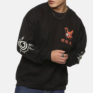 Sudadera Negra para Hombre con Estampado de Anime, Cuello Redondo, Oversize, Manga Regular, Tejido de Algodón, Diseño Casual con Logotipo Frontal - Product Image 1