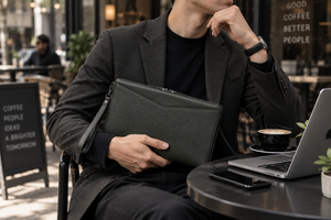 Pochette de luxe en cuir véritable pour homme avec logo, fermeture éclair, pochette de poignet, organiseur fin pour téléphone, portefeuille, passeport, voyage, bureau - Product Image 2