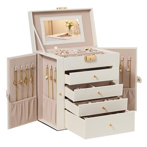 Handcrafted White Leather Jewelry <b>Box</b> with Mirror - Wholesale <b>Storage</b> Organizer - Product Image 1