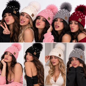 Gorros de Punto con Pompón de Piel Sintética para Mujer, con Logotipo Personalizado de Alta Calidad, Decoración de Perlas, Gorro de Invierno de Moda, Proveedor Mayorista - Product Image 5
