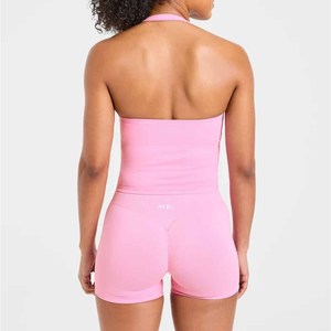 Women's 2 Piece <b>Set</b> Pink Halter Crop Top Shorts Sporty Knitted Spandex Solid Color Skinny Fit Above Knee Spring Summer - Product Image 2