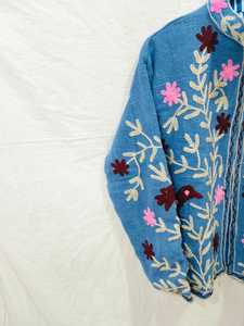 Chaqueta de Punto Azul con Bordado Floral a Mano, Manga Larga, Cuello Alto, Abrigo de Mujer, Material de Lana para Primavera - Product Image 4