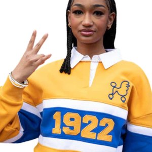 Camisa de Rugby de Verano para Mujer Sigma Gamma Rho 1922, Amarilla y Azul, Manga Larga, Cierre de Botones, Estilo Deportivo Informal - Product Image 4
