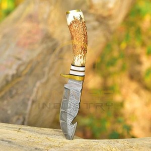 Cuchillo de caza hecho a mano de acero de Damasco con mango de cuerno de ciervo natural |   Cuchillo de hoja fija Full Tang con funda de cuero - Product Image 2