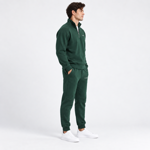 Conjunto de Sudadera Verde con Cierre de Cremallera para Hombre, Corte Regular, Color Sólido, Pantalones Deportivos Casuales con Bolsillo Frontal con Logotipo, Ropa de Otoño - Product Image 3