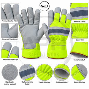 High Visibility Yellow Fabric Grey Grain Cowhide <b>Leather</b> Driver <b>Gloves</b> Reflective Strip Elastic Wrist Industrial Builder <b>Gloves</b> - Product Image 5