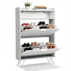 Two-Compartment <b>Shoe</b> Cabinet with Slatted Front and Side Panels Top-Opening Lids High Legs Two <b>Hooks</b> Partic <b>Shoe</b> Racks - Product Image 3