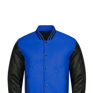 Men's Blue Varsity <b>Jacket</b> With Black PU Sleeves Stand Collar Casual Autumn Wear Regular Fit Button Closure - Product Image 6