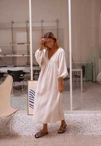 Vestido Maxi de Gasa de Algodón Blanco para Mujer, Cuello en V, Manga Larga, Corte Holgado, Informal, para Playa o Verano - Product Image 6