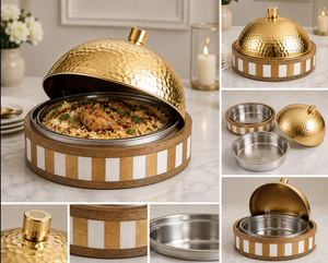 Calentador de Comida Tipo Buffet de Lujo, Redondo, de Madera, con Tapa Dorada Martillada, para Hoteles, Catering y Restaurantes - Product Image 5
