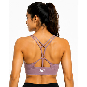 Women Seamless Sports Bra Crisscross Straps Scoop Neck Medium Support Breathable Fitness Workout Top Solid Color Front Logo - Product Image 2