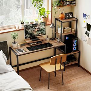 "Rectangle Brown MDF Computer <b>Desk</b> with Monitor Stand & Storage Shelves" - Product Image 2