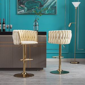 Set of 2 Velvet <b>Bar</b> <b>Stools</b> with Chrome Footrest Simple <b>Bar</b> Chair with Height <b>Adjustable</b> Mechanical Lifting and Golden Leg - Product Image 6