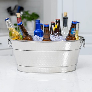 Cubo de Acero Inoxidable Grande Martillado con Asas para Bebidas, Ideal para Fiestas y Eventos, Enfriador Ovalado de Metal Plateado para Bebidas - Product Image 6
